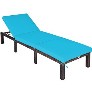 Costway Brown Rattan Metal Stationary Chaise Lounge Chair with Turquoise Cushioned Seat