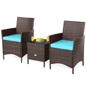 Costway 3-Piece Patio Rattan Furniture Set Cushioned Sofa with Glass Tabletop Deck - Blue
