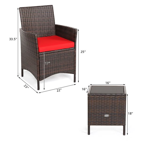 Costway 3-Piece Patio Rattan Furniture Set Cushioned Sofa with Glass Tabletop Deck - Red