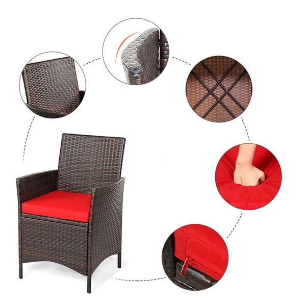 Costway 3-Piece Patio Rattan Furniture Set Cushioned Sofa with Glass Tabletop Deck - Red