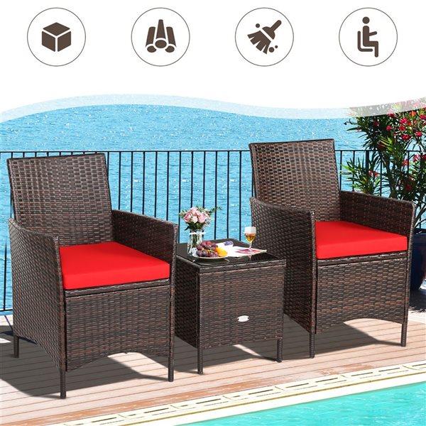 Costway 3-Piece Patio Rattan Furniture Set Cushioned Sofa with Glass Tabletop Deck - Red