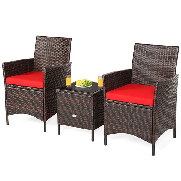 Costway 3-Piece Patio Rattan Furniture Set Cushioned Sofa with Glass Tabletop Deck - Red