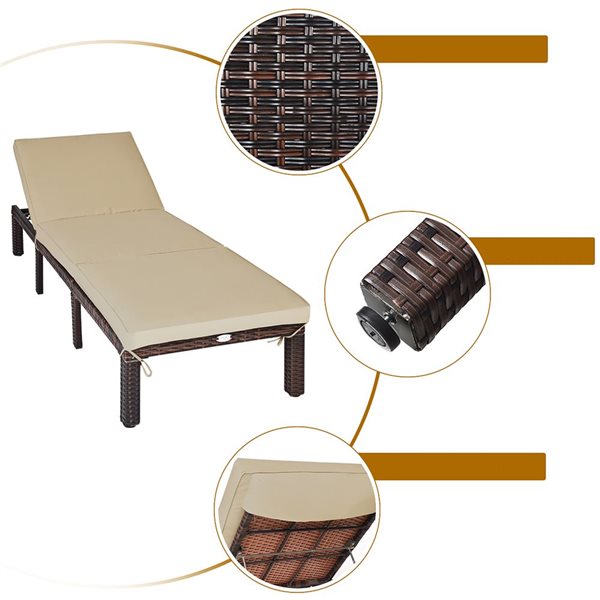 Costway Brown Rattan Metal Stationary Chaise Lounge Chair with Brown Cushioned Seat