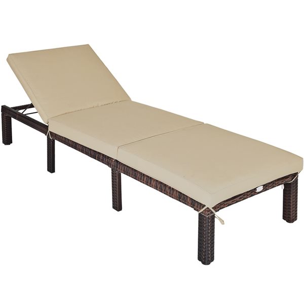 Costway Brown Rattan Metal Stationary Chaise Lounge Chair with Brown Cushioned Seat