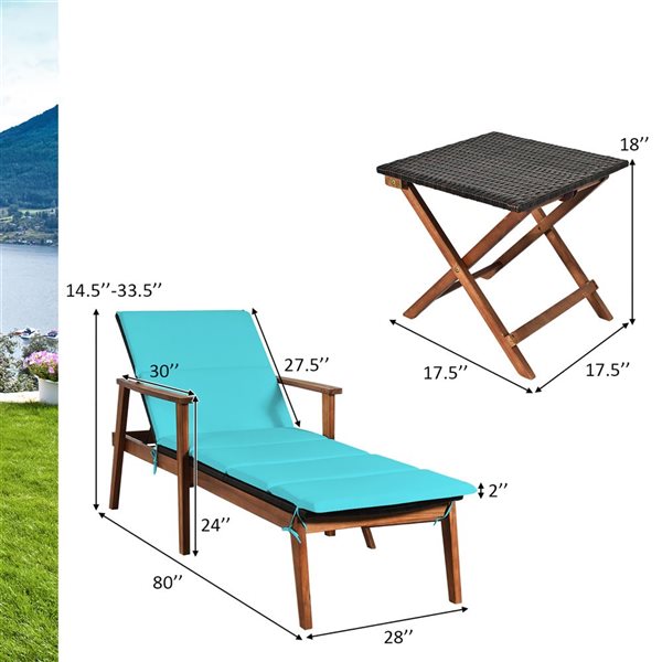 Costway Set of 2 Brown Wood Stationary Chaise Lounge Chairs with Turquoise Cushioned Seat