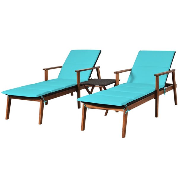 Costway Set of 2 Brown Wood Stationary Chaise Lounge Chairs with Turquoise Cushioned Seat