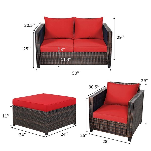 Costway 5Piece Patio Rattan Furniture Set Loveseat Sofa Red RONA