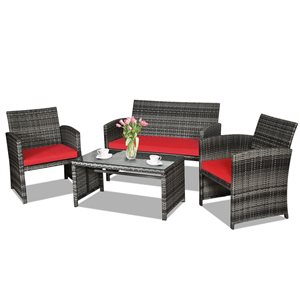Costway 4-Piece Patio Rattan Conversation Glass Table Top with Cushioned Sofa - Red