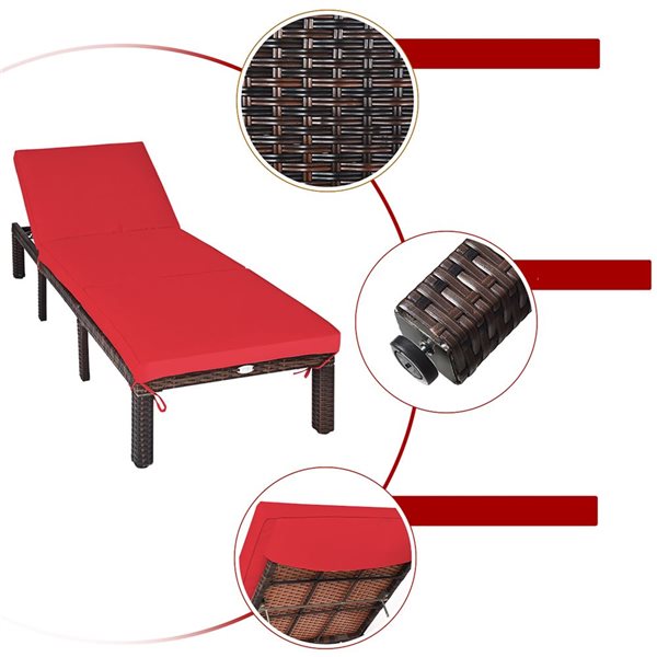 Costway Brown Rattan Metal Stationary Chaise Lounge Chair with Red Cushioned Seat