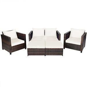 Costway 5-Piece Patio Rattan Furniture Set Loveseat Sofa Ottoman Cushioned - White