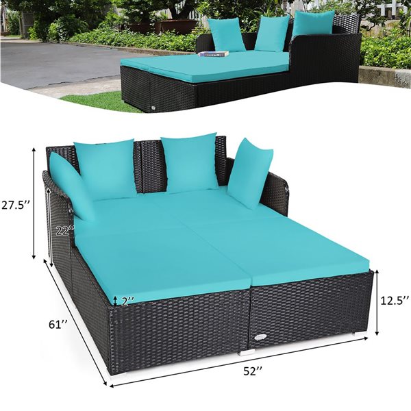 Costway Rattan Outdoor Daybed with Cushions and Turquoise Rattan Frame