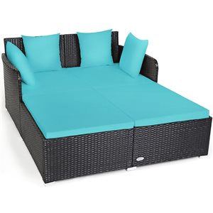 Costway Rattan Outdoor Daybed with Cushions and Turquoise Rattan Frame