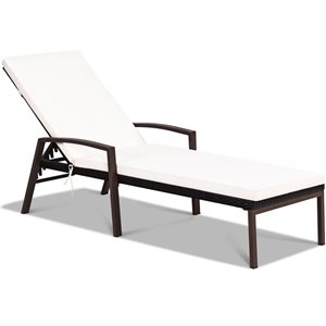 Costway Brown Metal Stationary Chaise Lounge Chair with White Cushioned Seat