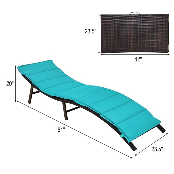 Costway Set of 2 Brown Rattan Stackable Wood Stationary Chaise Lounge Chairs with Turquoise Cushioned Seat