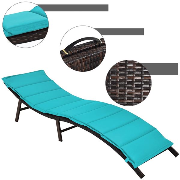 Costway Set of 2 Brown Rattan Stackable Wood Stationary Chaise Lounge Chairs with Turquoise Cushioned Seat