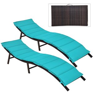 Costway Set of 2 Brown Rattan Stackable Wood Stationary Chaise Lounge Chairs with Turquoise Cushioned Seat