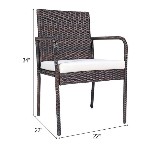 Costway Set of 4 Brown Rattan Metal Stationary Dining Chairs with White Cushioned Seat