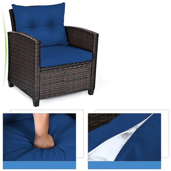 Costway 3-Piece Patio Rattan Cushioned Conversation Set - Navy