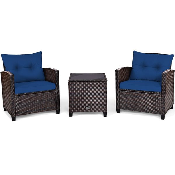 Costway 3-Piece Patio Rattan Cushioned Conversation Set - Navy