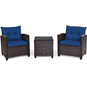 Costway 3-Piece Patio Rattan Cushioned Conversation Set - Navy