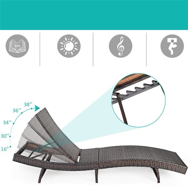 Costway Brown Rattan Wood Stationary Chaise Lounge Chair with Turquoise Cushioned Seat