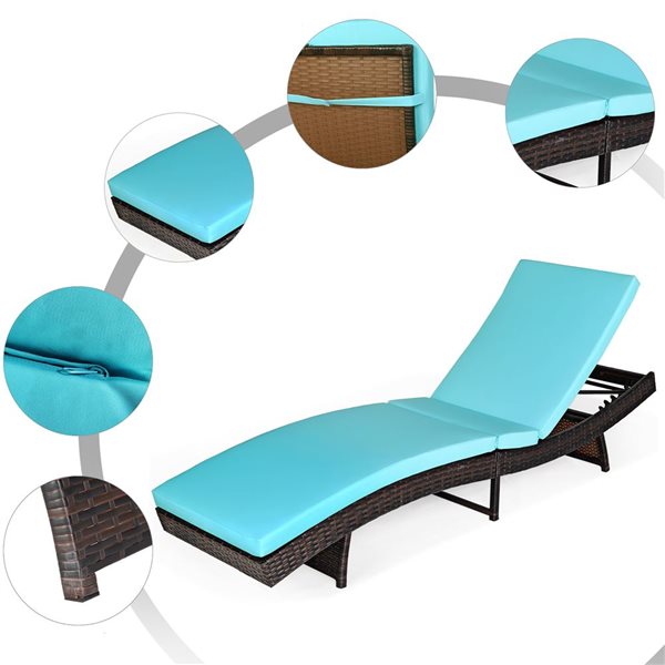 Costway Brown Rattan Wood Stationary Chaise Lounge Chair with Turquoise Cushioned Seat