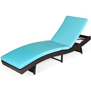 Costway Brown Rattan Wood Stationary Chaise Lounge Chair with Turquoise Cushioned Seat