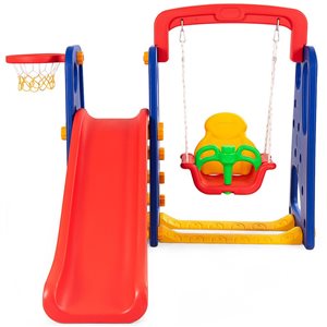 Costway 50-in H 3-in-1 Junior Children Climber Slide Swing Seat Basketball Hoop Playset Backyard