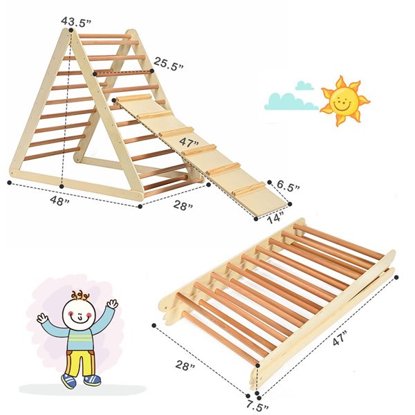 Costway Foldable Wooden 2-in-1 Climbing Triangle with Ladder for Baby and Toddler - Natural