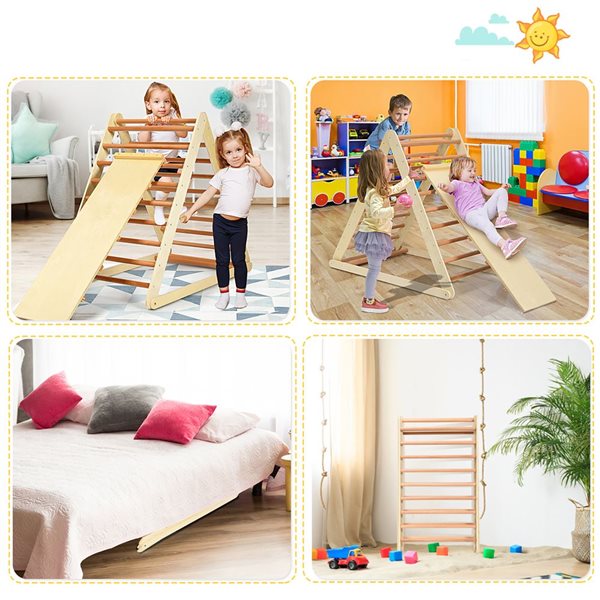 Costway Foldable Wooden 2-in-1 Climbing Triangle with Ladder for Baby and Toddler - Natural