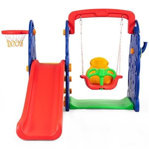 Costway 47-in H 3-in-1 Junior Children Climber Slide Swing Seat Basketball Hoop Playset Backyard