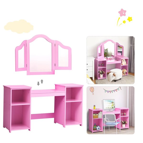 Costway Kids Makeup Dressing Vanity Table with Tri-folding Mirror - Pink