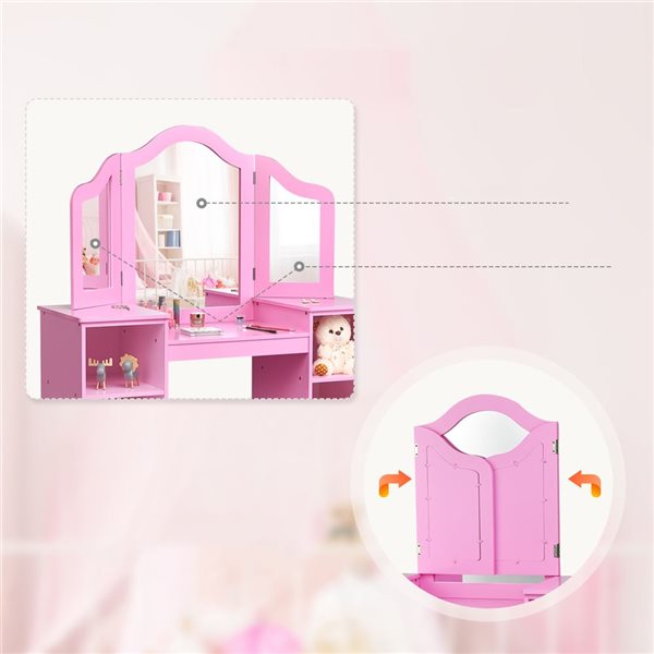 Costway Kids Makeup Dressing Vanity Table with Tri-folding Mirror - Pink