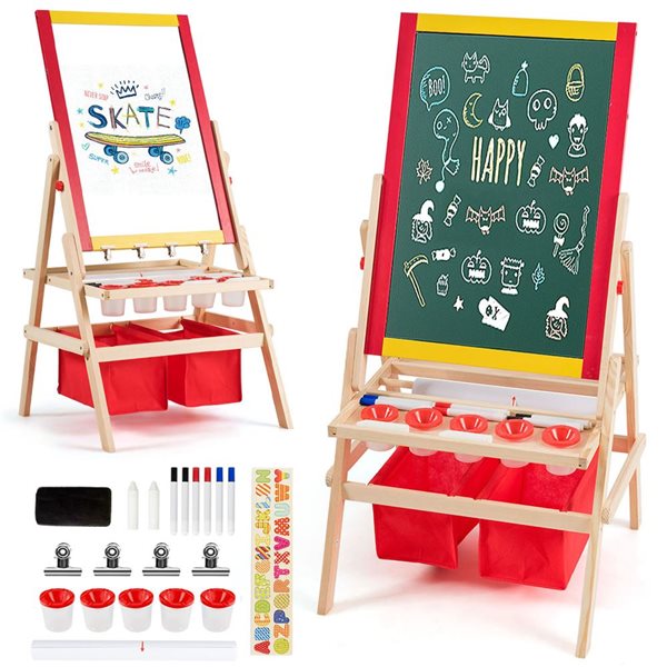 Qaba 3 In 1 Kids Wooden Art Easel with Paper Roll Double-Sided