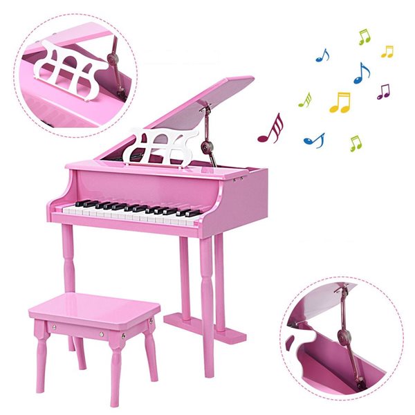 Costway 30-Key Wood Toy Kids Grand Piano with Bench and Music Rack - Pink