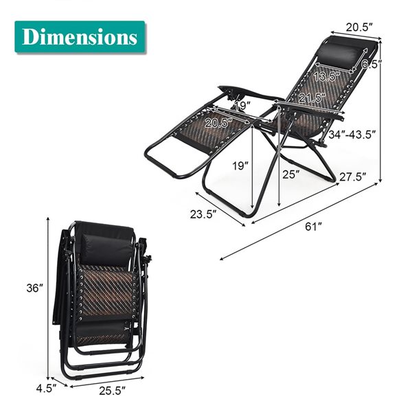 Costway Wood Zero Gravity Chair with Brown Rattan Seat