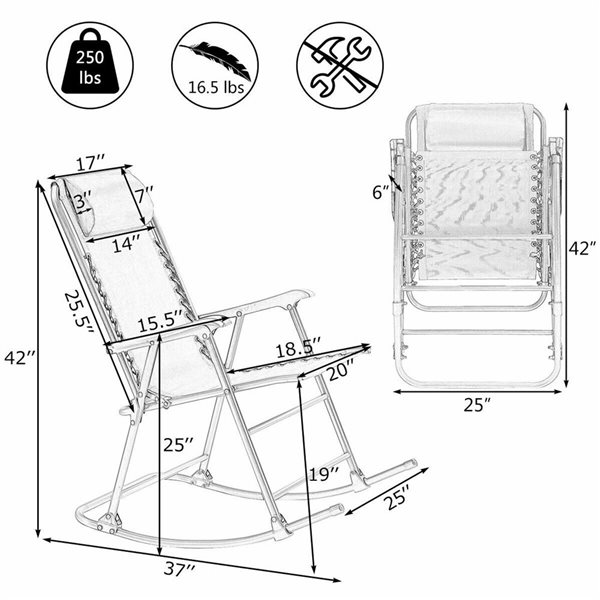 Costway Metal Foldable Rocking Chair with Blue Mesh Seat