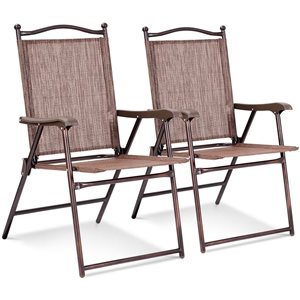 Costway Set of 2 Metal Patio Folding Chairs with Brown Mesh Seat