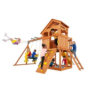 Creative Cedar Designs Timber Valley Yellow Wooden Playset with Rock Wall, Slide and Swings