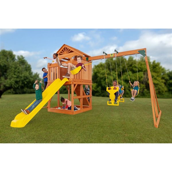 Creative Cedar Designs Timber Valley Yellow & Blue Wooden Playset with Rock Wall, Slide and Swings