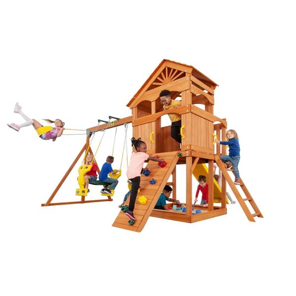 Creative Cedar Designs Timber Valley Brown Wooden Playset with Rock Wall, Slide and Swings