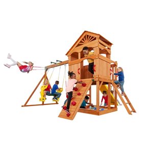 Creative Cedar Designs Timber Valley Red and Yellow Wooden Playset with Rock Wall, Slide and Swings