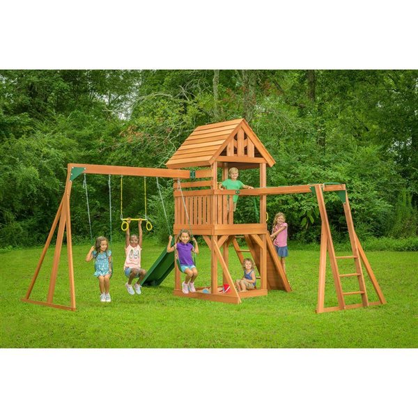 Creative Cedar Designs Mountain View Lodge Brown Wooden Playset with Rock Wall, Slide and Swings