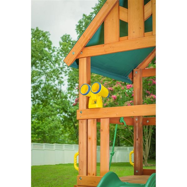 Creative Cedar Designs Mountain View Lodge Brown Wooden Playset with Rock Wall, Slide and Swings