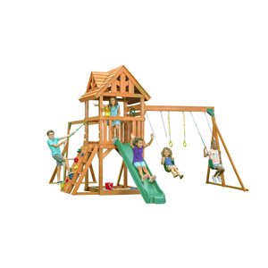 Creative Cedar Designs Mountain View Lodge Brown Wooden Playset with Rock Wall, Slide and Swings