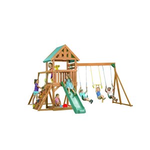 Creative Cedar Designs Mountain View Lodge Wooden Playset with Rock Wall, Slide and Swings