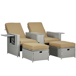 Outsunny Metal Frame Beige Wicker Lounge Chairs with Side Table Khaki Cushions Included - 5-Piece