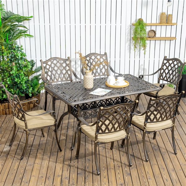 Outsunny Bronze Aluminum Patio Dining Set with Khaki Cushions Included - 7-Piece