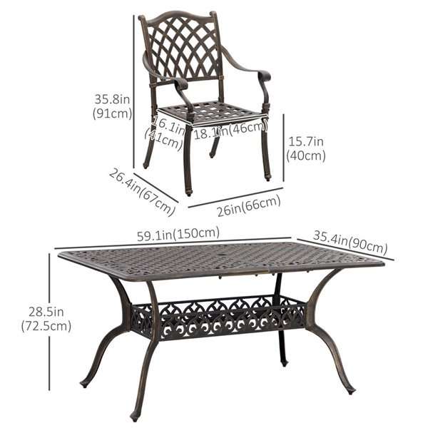 Outsunny Bronze Aluminum Patio Dining Set with Khaki Cushions Included - 7-Piece