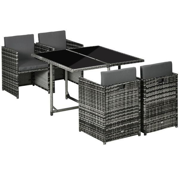 Outsunny Grey Wicker Patio Dining Set with Grey Cushions Included - 5-Piece